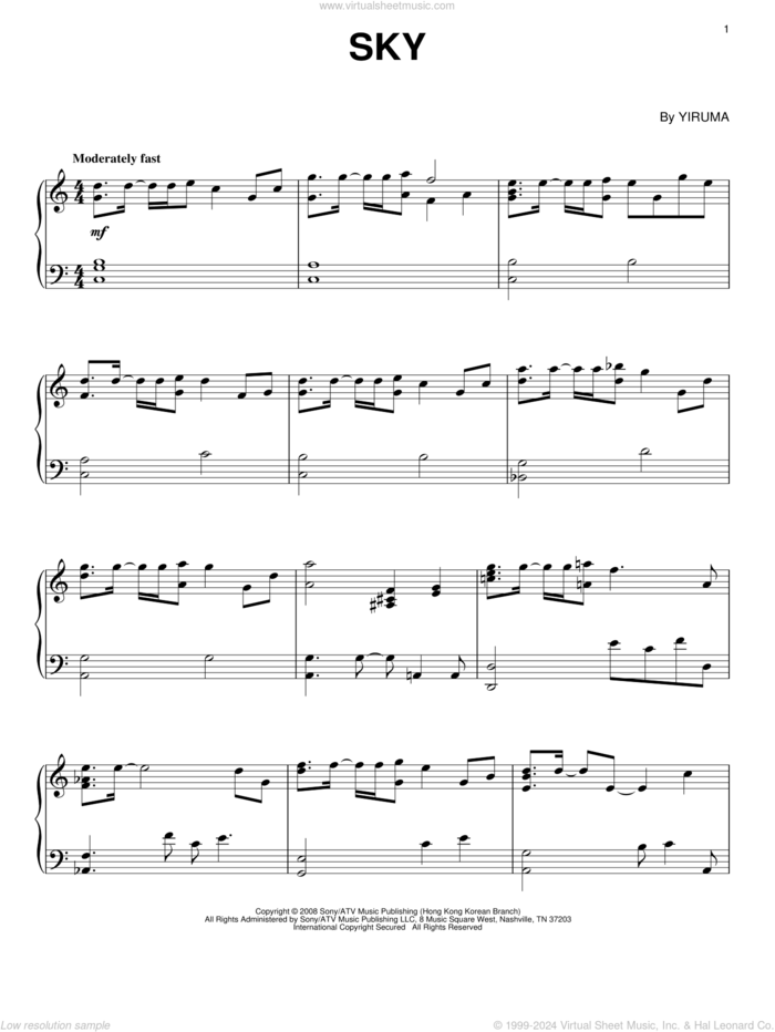 Sky, (intermediate) sheet music for piano solo by Yiruma, classical score, intermediate skill level