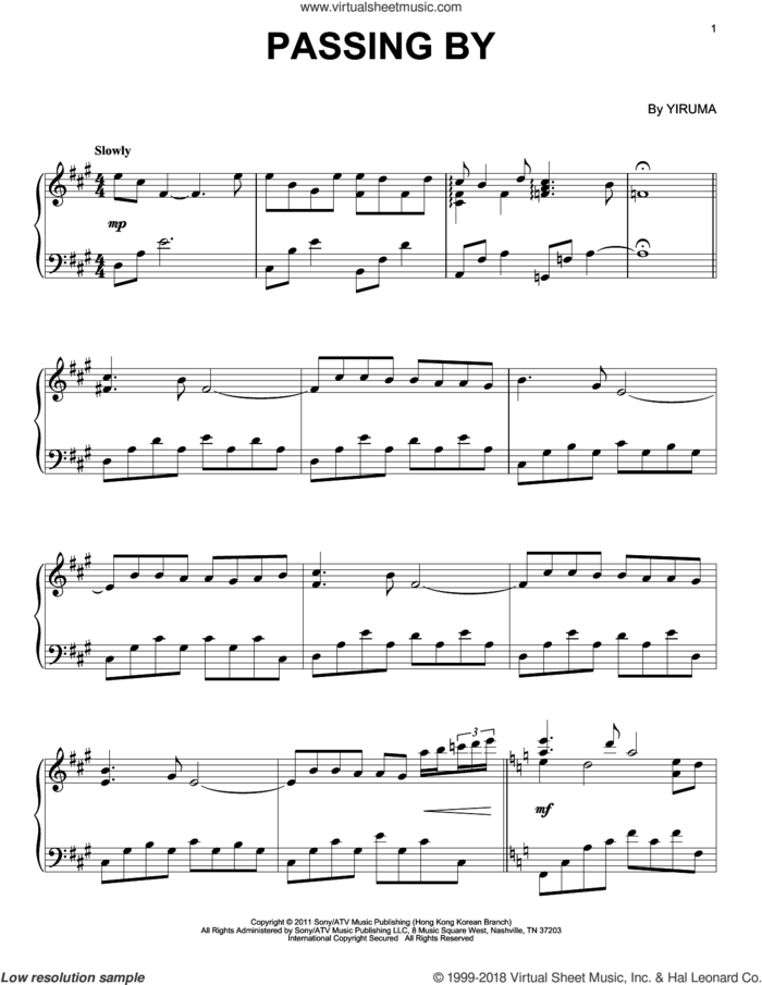 Passing By, (intermediate) sheet music for piano solo by Yiruma, classical score, intermediate skill level
