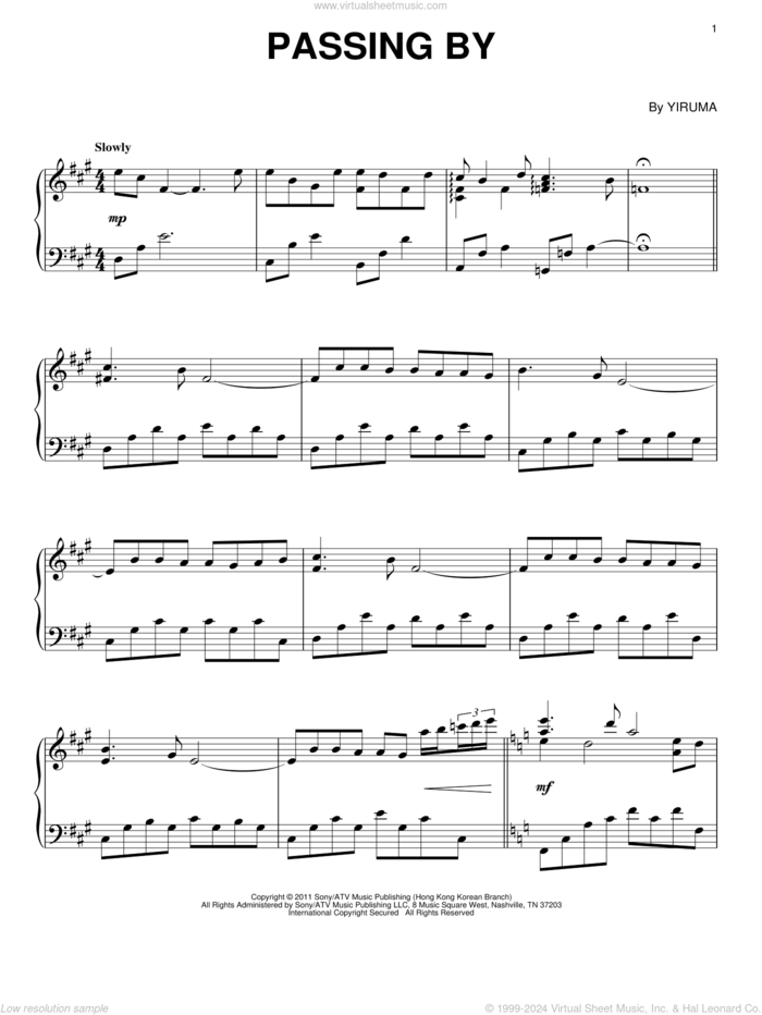 Passing By, (intermediate) sheet music for piano solo by Yiruma, classical score, intermediate skill level