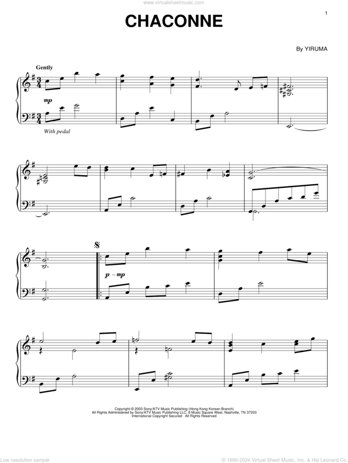 Chaconne, (intermediate) sheet music for piano solo by Yiruma, classical score, intermediate skill level