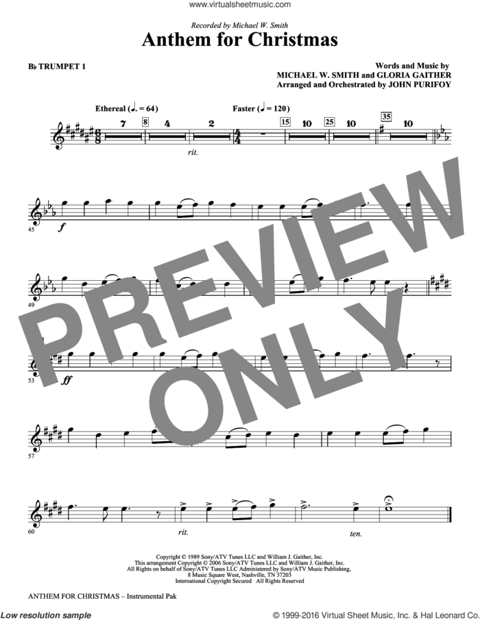 Anthem for Christmas sheet music for orchestra/band (bb trumpet 1) by Michael W. Smith, Gloria Gaither and John Purifoy, intermediate skill level