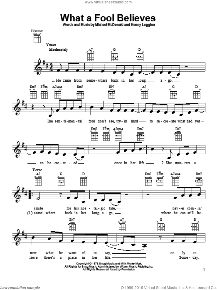 What A Fool Believes sheet music for ukulele by The Doobie Brothers, intermediate skill level