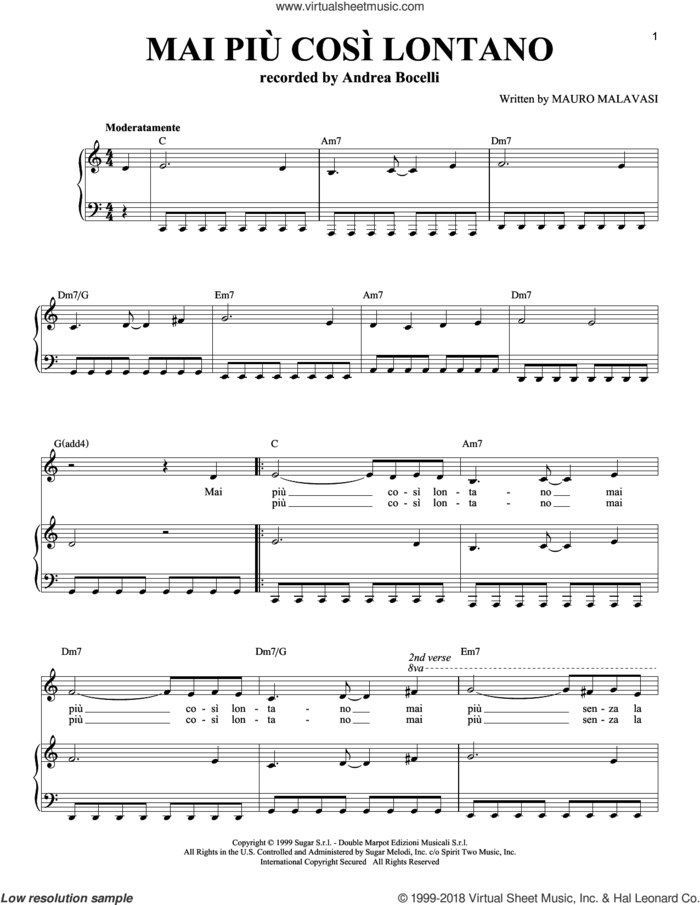 Mai Piu' Cosi' Lontano sheet music for voice and piano by Andrea Bocelli, classical score, intermediate skill level