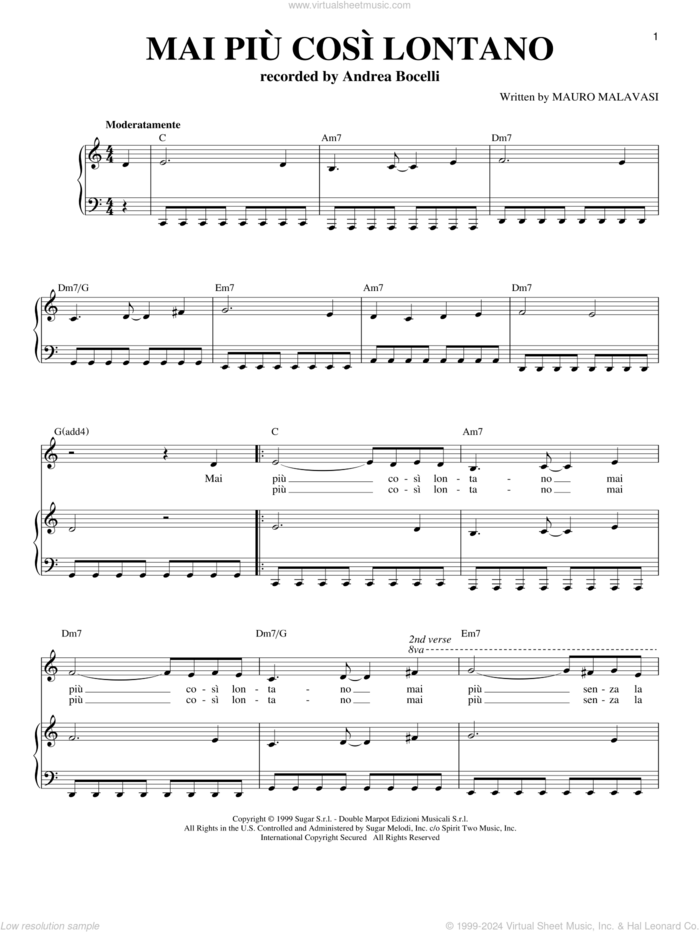 Mai Piu' Cosi' Lontano sheet music for voice and piano by Andrea Bocelli, classical score, intermediate skill level