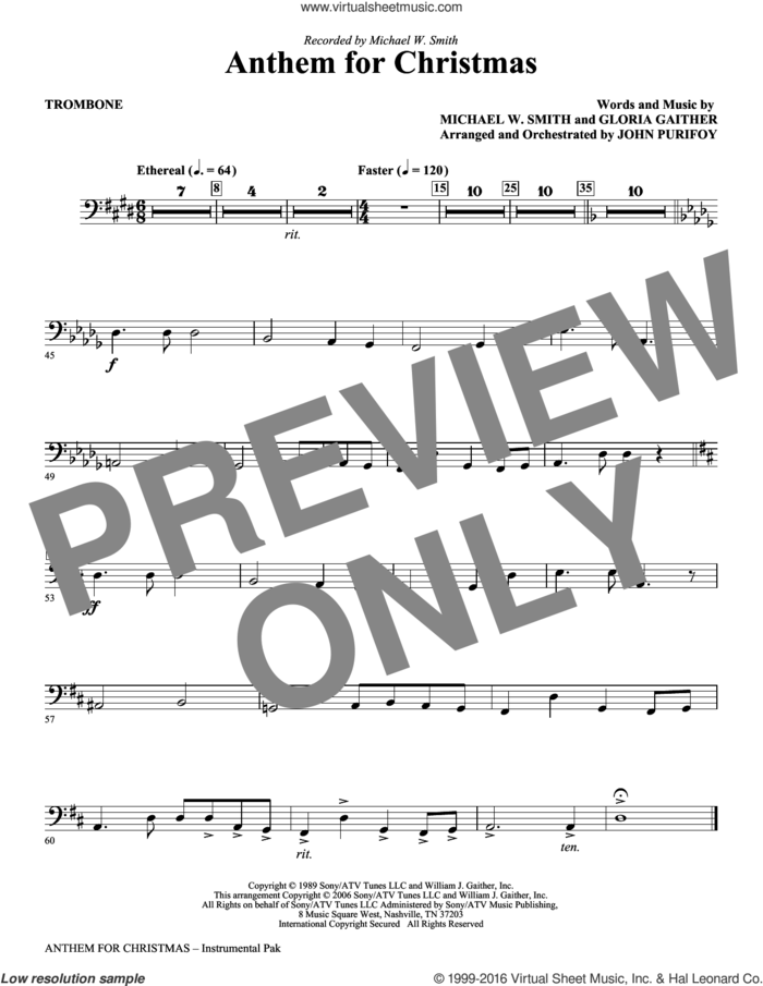 Anthem for Christmas sheet music for orchestra/band (trombone) by Michael W. Smith, Gloria Gaither and John Purifoy, intermediate skill level