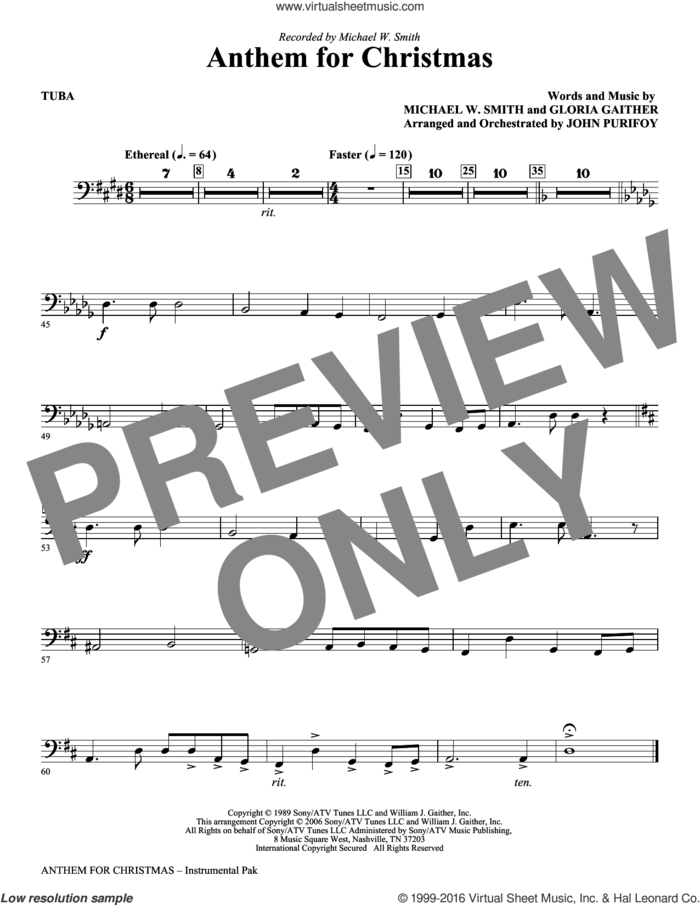 Anthem for Christmas sheet music for orchestra/band (tuba) by Michael W. Smith, Gloria Gaither and John Purifoy, intermediate skill level