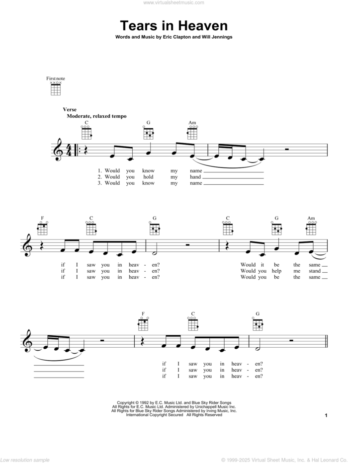 Tears In Heaven sheet music for ukulele by Eric Clapton, intermediate skill level