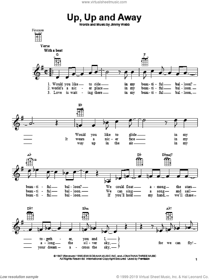 Up, Up And Away sheet music for ukulele by The Fifth Dimension, intermediate skill level