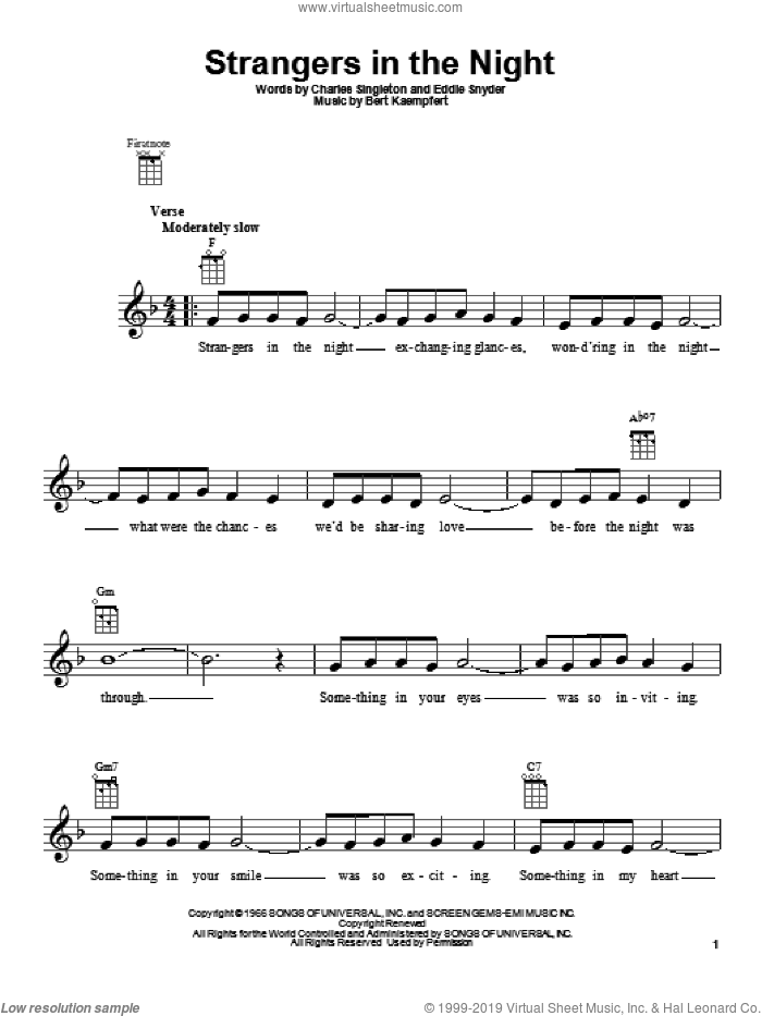 Strangers In The Night sheet music for ukulele by Frank Sinatra, intermediate skill level