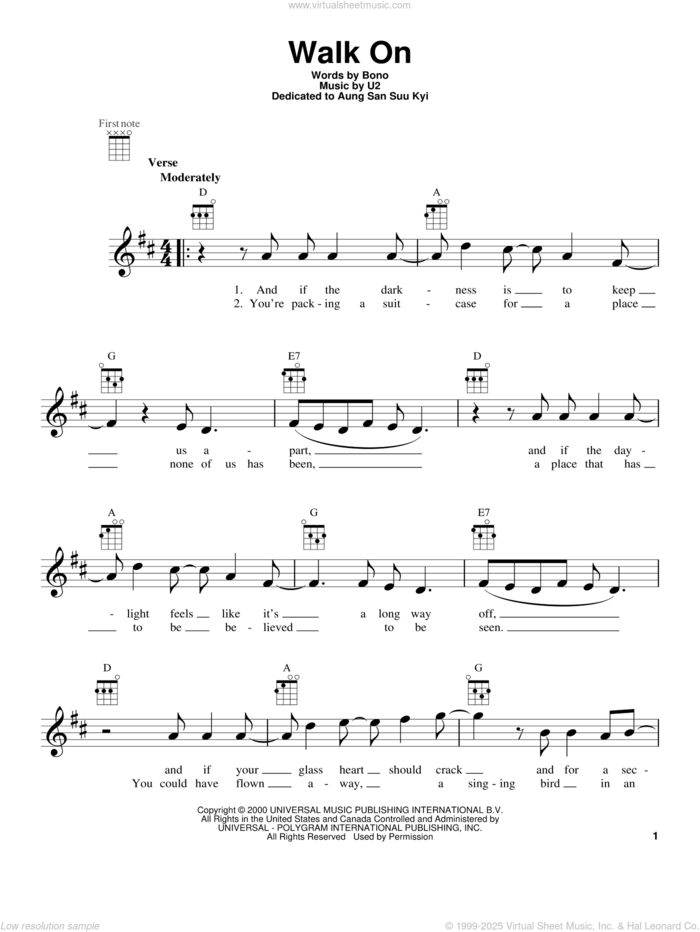 Walk On sheet music for ukulele by U2, intermediate skill level