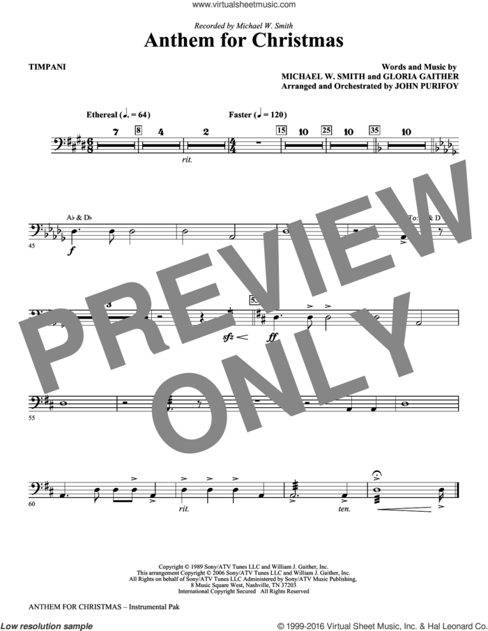 Anthem for Christmas sheet music for orchestra/band (timpani) by Michael W. Smith, Gloria Gaither and John Purifoy, intermediate skill level
