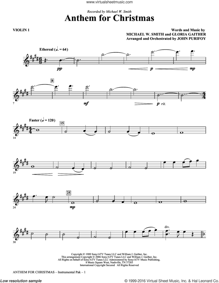 Anthem for Christmas sheet music for orchestra/band (violin 1) by Michael W. Smith, Gloria Gaither and John Purifoy, intermediate skill level