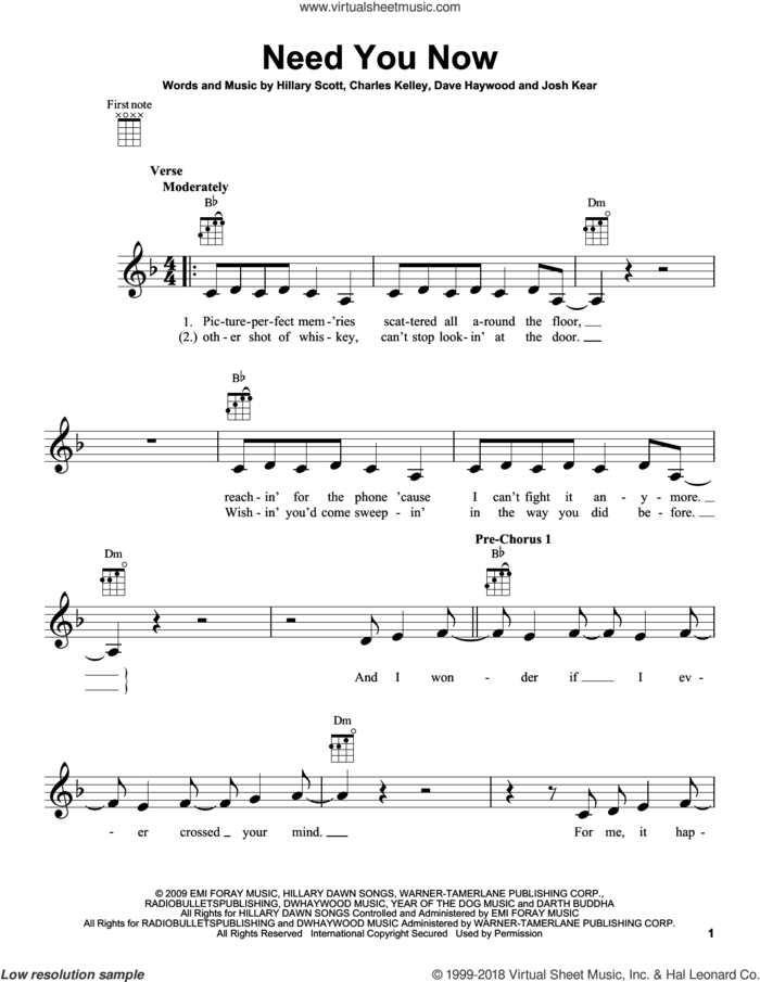 Need You Now sheet music for ukulele by Lady Antebellum and Lady A, intermediate skill level