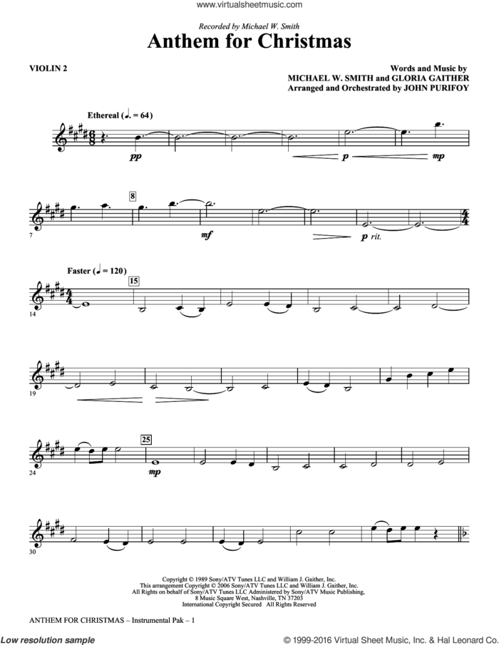 Anthem for Christmas sheet music for orchestra/band (violin 2) by Michael W. Smith, Gloria Gaither and John Purifoy, intermediate skill level