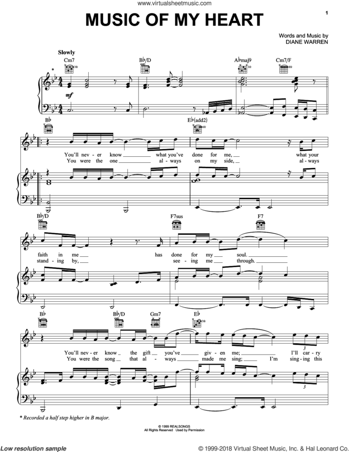 Music Of My Heart sheet music for voice, piano or guitar by Gloria Estefan, *NSYNC & Gloria Estefan and Diane Warren, intermediate skill level