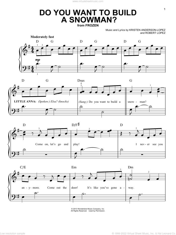 Do You Want To Build A Snowman? (from Frozen), (easy) sheet music for piano solo by Kristen Bell, Agatha Lee Monn & Katie Lopez, Kristen Anderson-Lopez and Robert Lopez, easy skill level
