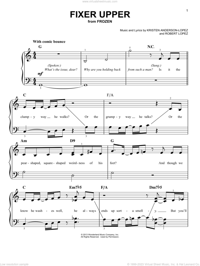 Fixer Upper (from Disney's Frozen) sheet music for piano solo by Maia Wilson and Cast, Kristen Anderson-Lopez and Robert Lopez, easy skill level