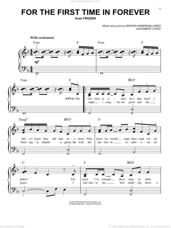 For The First Time In Forever (from Frozen), (easy) sheet music for piano solo by Robert Lopez, Kristen Bell, Idina Menzel and Kristen Anderson-Lopez, easy skill level