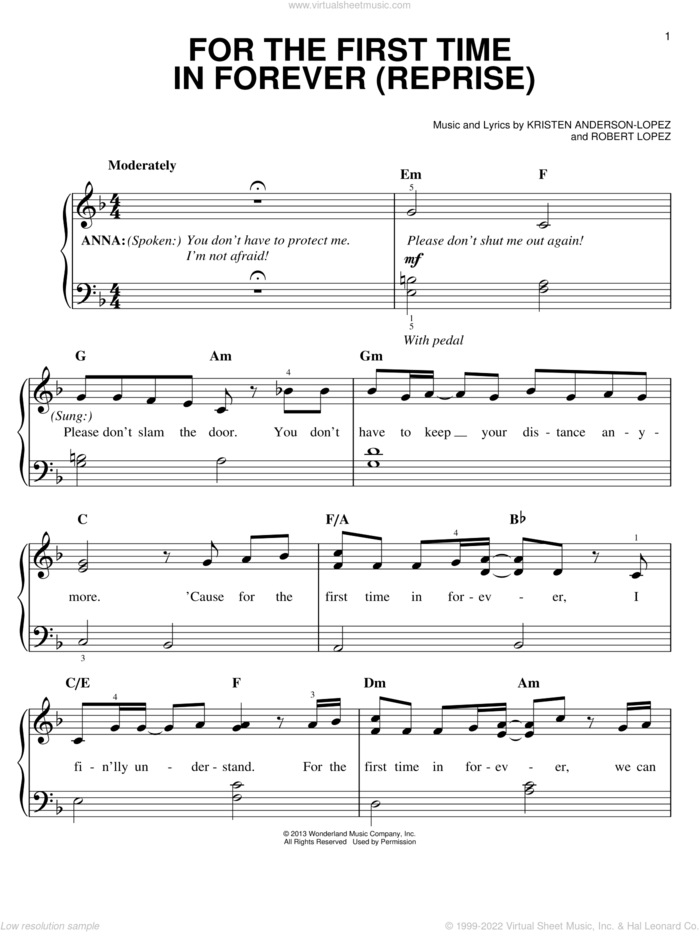 For The First Time In Forever (Reprise) (from Frozen) sheet music for piano solo by Robert Lopez, Kristen Bell, Idina Menzel and Kristen Anderson-Lopez, easy skill level