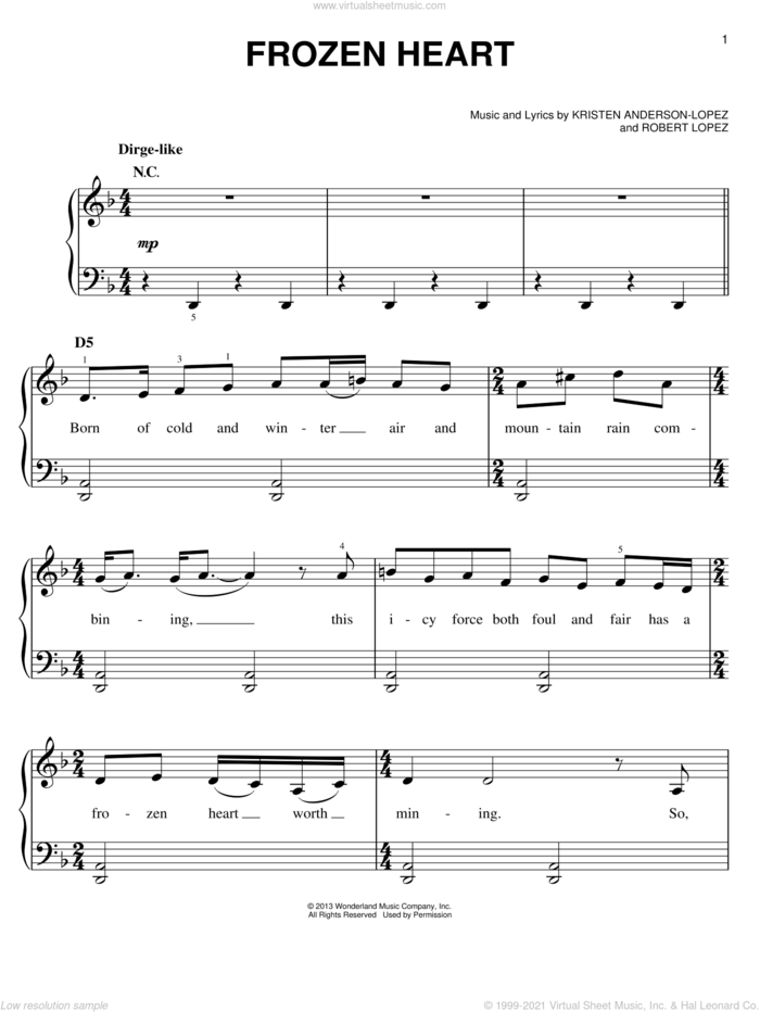 Frozen Heart (from Disney's Frozen) sheet music for piano solo by Robert Lopez, Kristen Anderson-Lopez and Kristen Anderson-Lopez & Robert Lopez, easy skill level