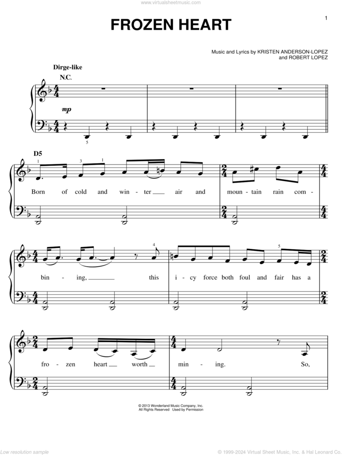 Frozen Heart (from Disney's Frozen) sheet music for piano solo by Robert Lopez, Kristen Anderson-Lopez and Kristen Anderson-Lopez & Robert Lopez, easy skill level