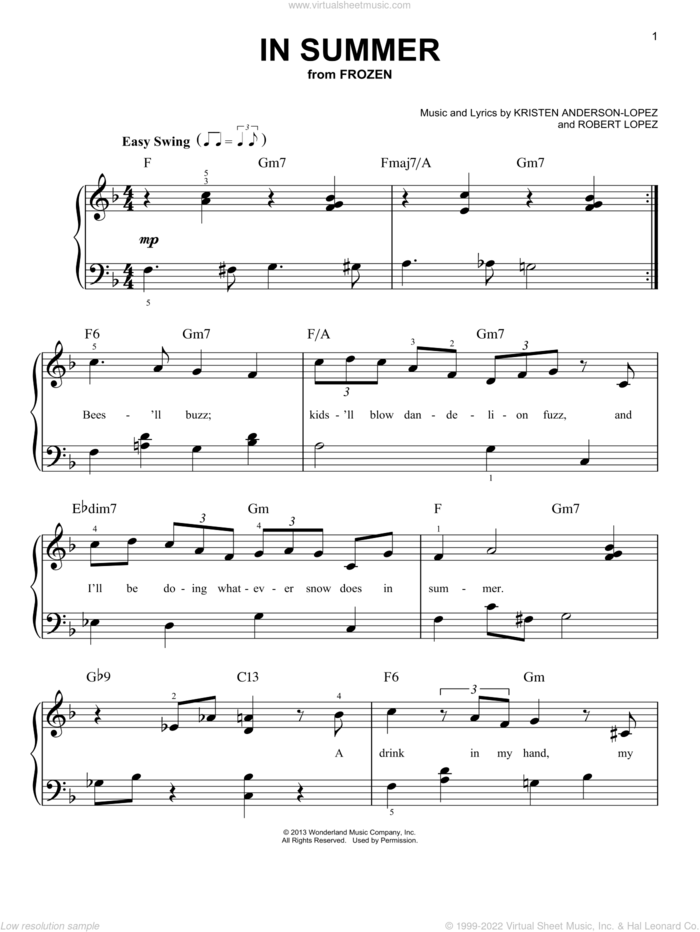 In Summer (from Frozen) sheet music for piano solo by Kristen Anderson-Lopez, Josh Gad and Robert Lopez, easy skill level