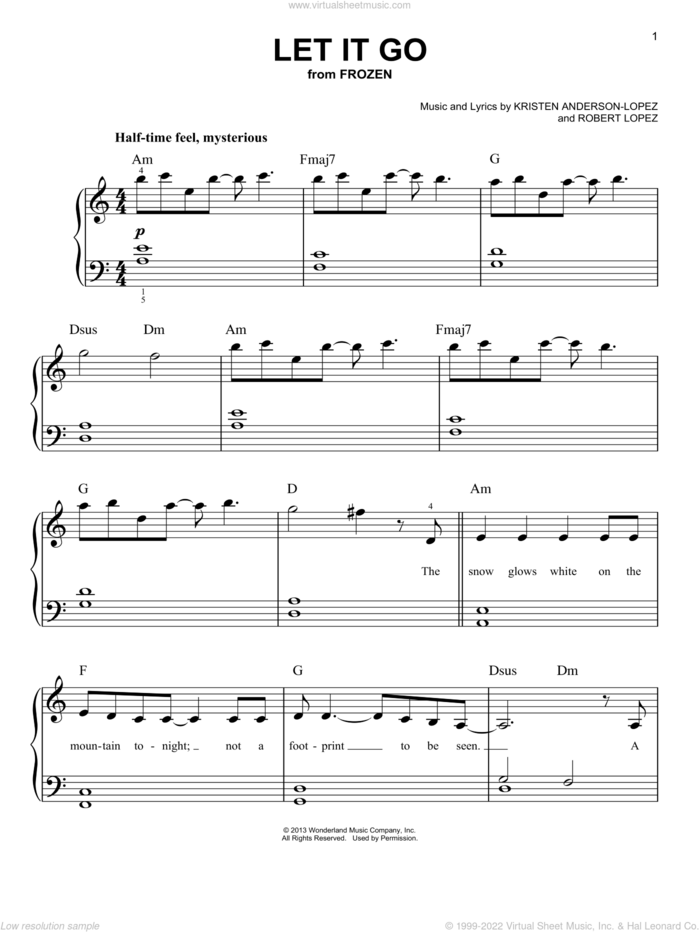 Let It Go (from Frozen) sheet music for piano solo by Robert Lopez, Idina Menzel and Kristen Anderson-Lopez, beginner skill level