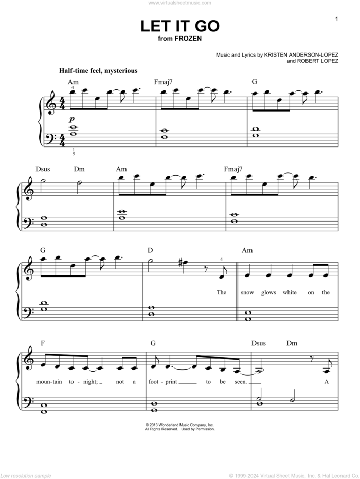 Let It Go (from Frozen) sheet music for piano solo by Robert Lopez, Idina Menzel and Kristen Anderson-Lopez, beginner skill level