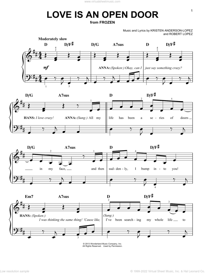 Love Is An Open Door (from Disney's Frozen) sheet music for piano solo by Kristen Bell & Santino Fontana, Kristen Anderson-Lopez and Robert Lopez, easy skill level