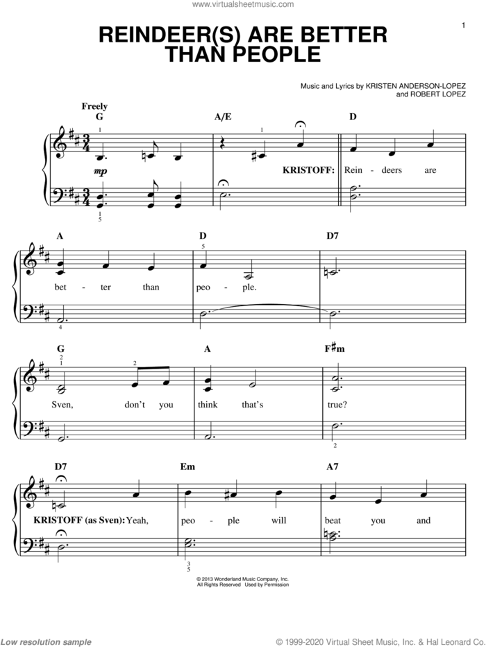 Reindeer(s) Are Better Than People (from Disney's Frozen) sheet music for piano solo by Kristen Anderson-Lopez, Jonathan Groff and Robert Lopez, easy skill level