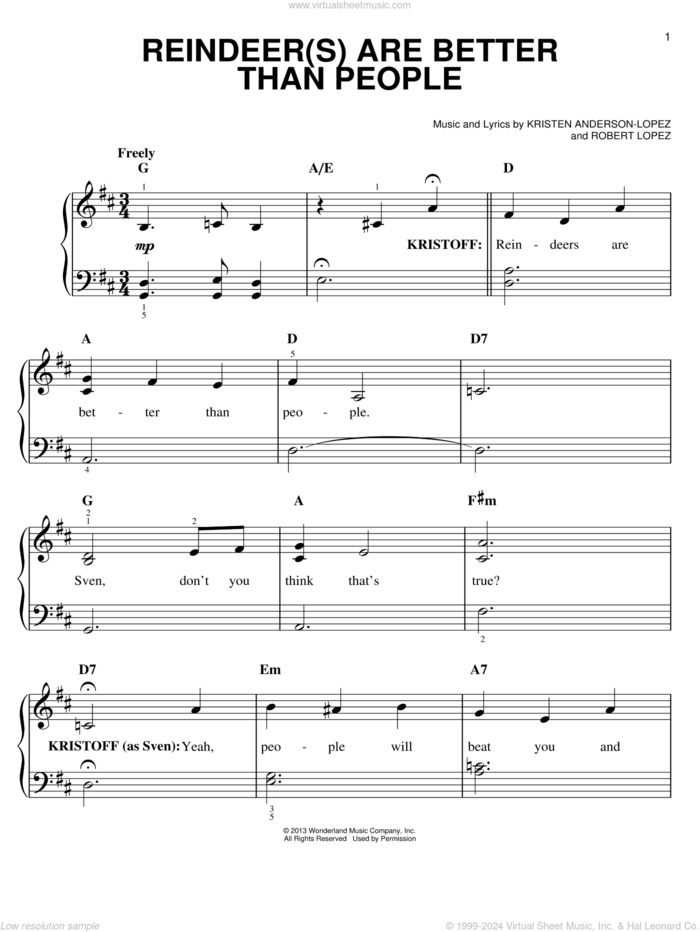 Reindeer(s) Are Better Than People (from Disney's Frozen) sheet music for piano solo by Kristen Anderson-Lopez, Jonathan Groff and Robert Lopez, easy skill level