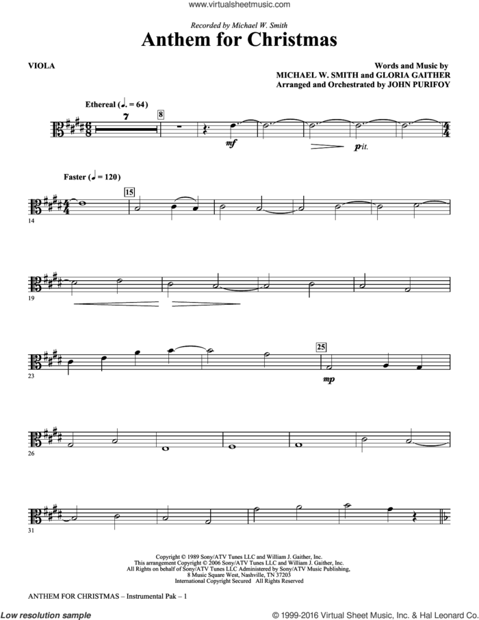 Anthem for Christmas sheet music for orchestra/band (viola) by Michael W. Smith, Gloria Gaither and John Purifoy, intermediate skill level