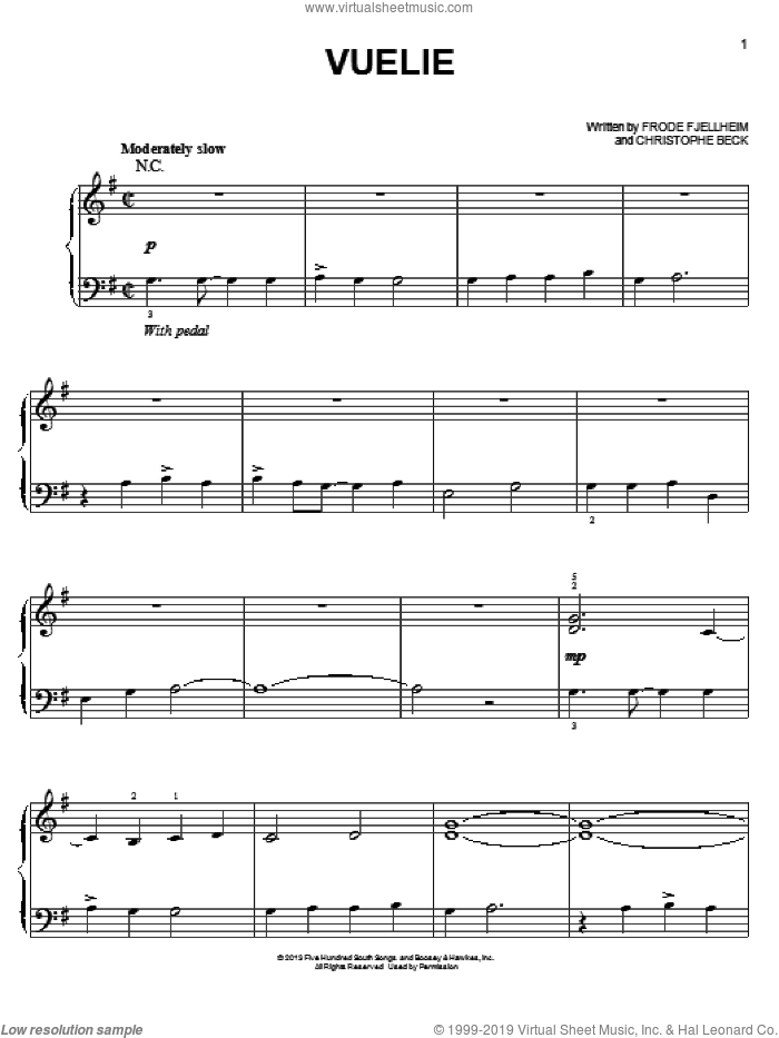 Vuelie (from Disney's Frozen) sheet music for piano solo by Christophe Beck, Frode Fjellheim and Frode Fjellheim & Christophe Beck, easy skill level