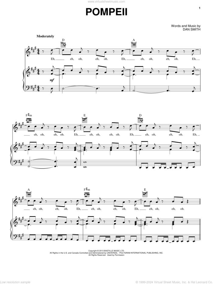 Pompeii sheet music for voice, piano or guitar by Bastille, intermediate skill level
