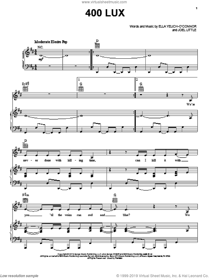 400 Lux sheet music for voice, piano or guitar by Lorde, intermediate skill level
