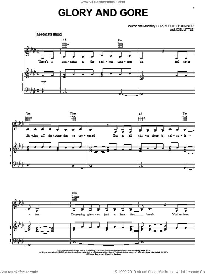 Glory And Gore sheet music for voice, piano or guitar by Lorde, intermediate skill level
