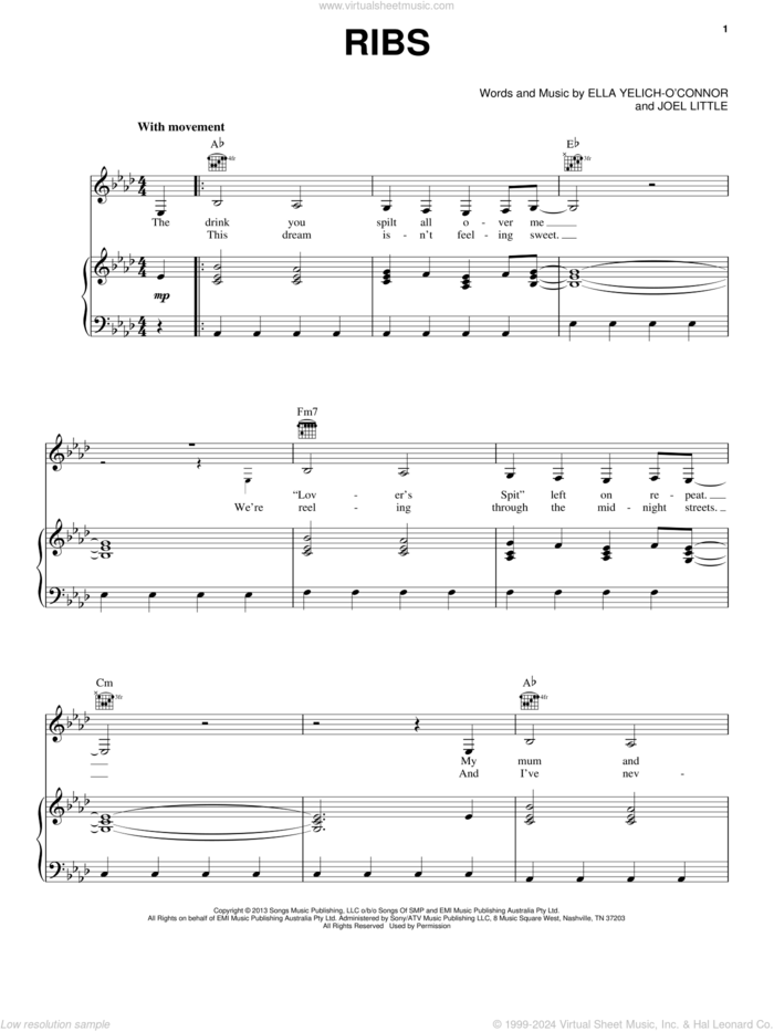 Ribs sheet music for voice, piano or guitar by Lorde, intermediate skill level