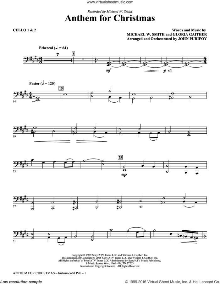 Anthem for Christmas sheet music for orchestra/band (cello 1,2) by Michael W. Smith, Gloria Gaither and John Purifoy, intermediate skill level