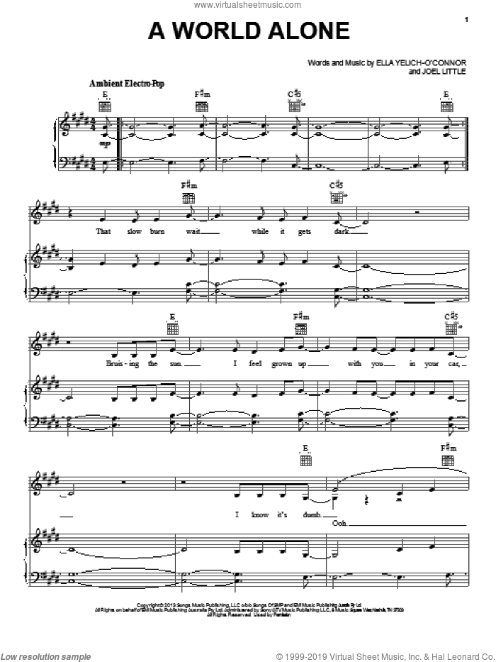 A World Alone sheet music for voice, piano or guitar by Lorde, intermediate skill level