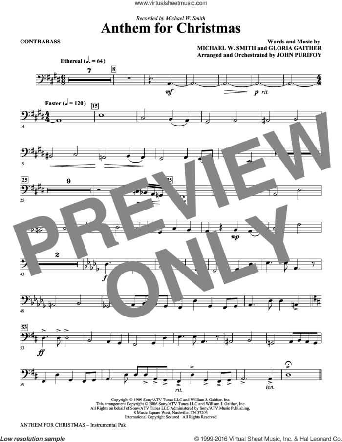 Anthem for Christmas sheet music for orchestra/band (contrabass) by Michael W. Smith, Gloria Gaither and John Purifoy, intermediate skill level