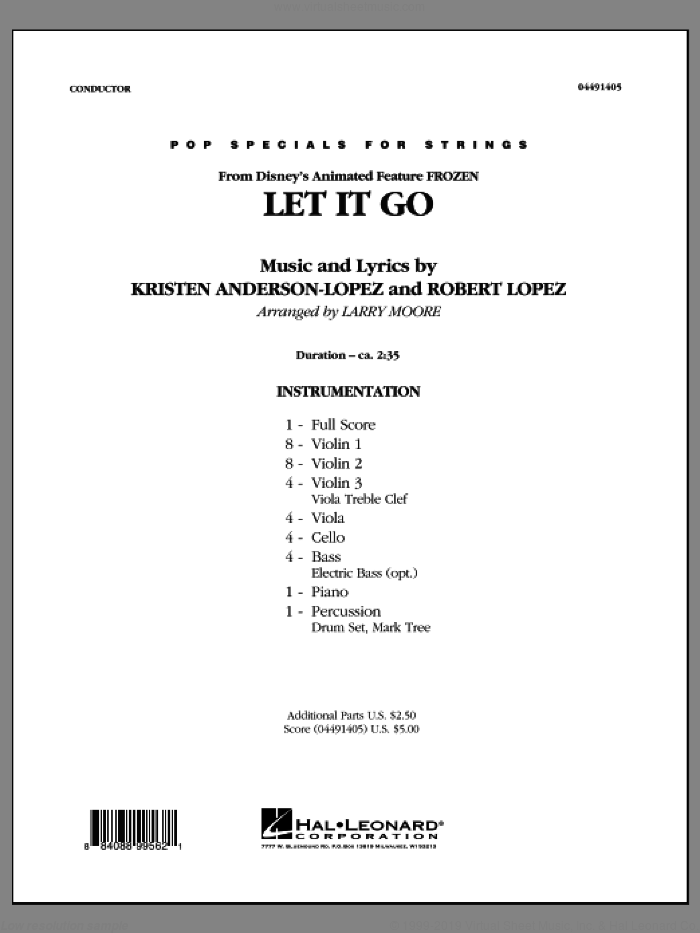 Let It Go (from Frozen) (COMPLETE) sheet music for orchestra by Robert Lopez, Kristen Anderson-Lopez and Larry Moore, intermediate skill level