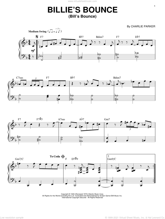 Billie's Bounce (Bill's Bounce) sheet music for voice, piano or guitar by Charlie Parker, intermediate skill level