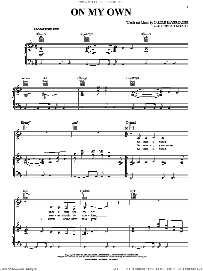On My Own sheet music for voice, piano or guitar by Michael McDonald, Reba McEntire, Burt Bacharach and Carole Bayer Sager, intermediate skill level