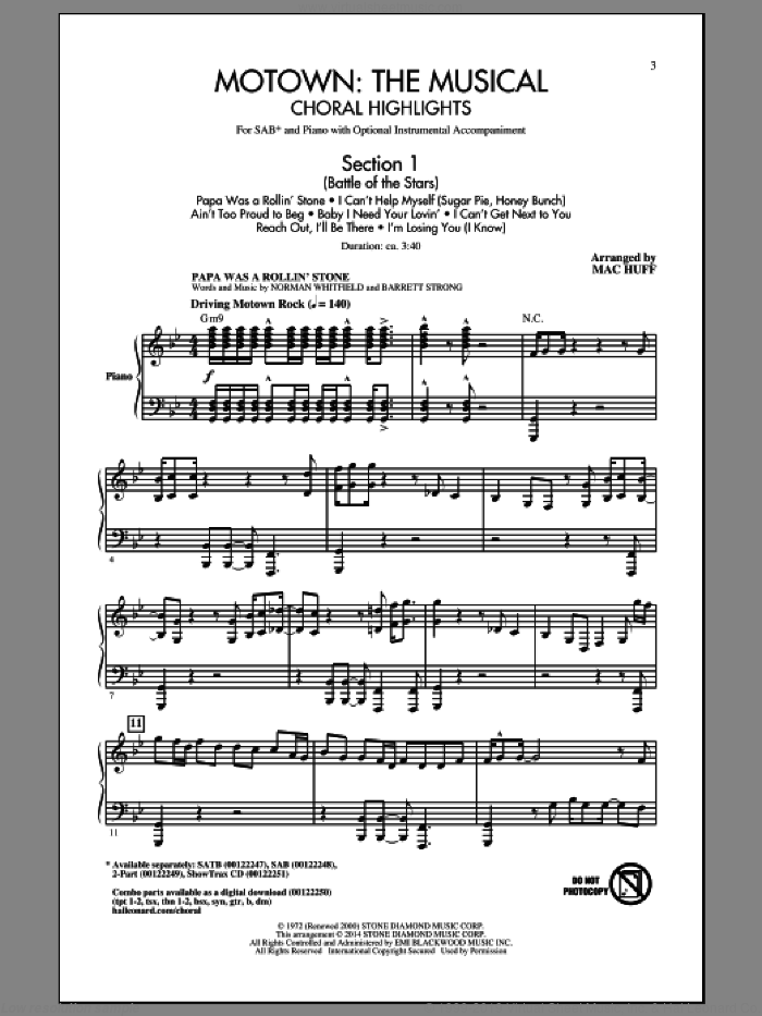 Motown: The Musical (Choral Highlights) sheet music for choir (SAB: soprano, alto, bass) by Mac Huff, intermediate skill level