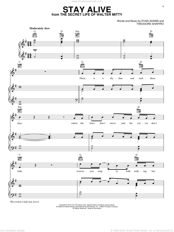 Stay Alive (from The Secret Life Of Walter Mitty) sheet music for voice, piano or guitar by Jose Gonzalez, Jose Gonzalez, Ryan Adams and Theodore Shapiro, intermediate skill level