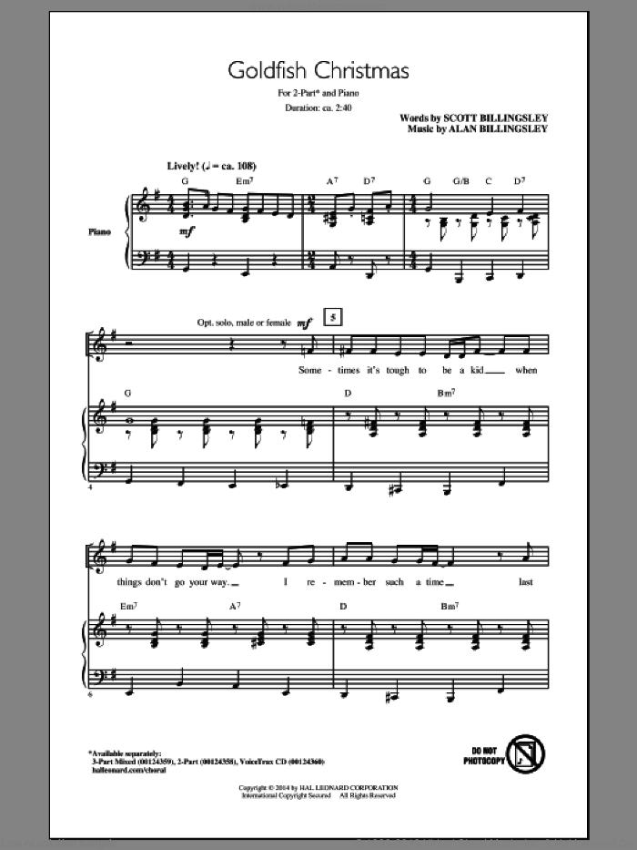 Goldfish Christmas sheet music for choir (2-Part) by Alan Billingsley and Scott Billingsley, intermediate duet