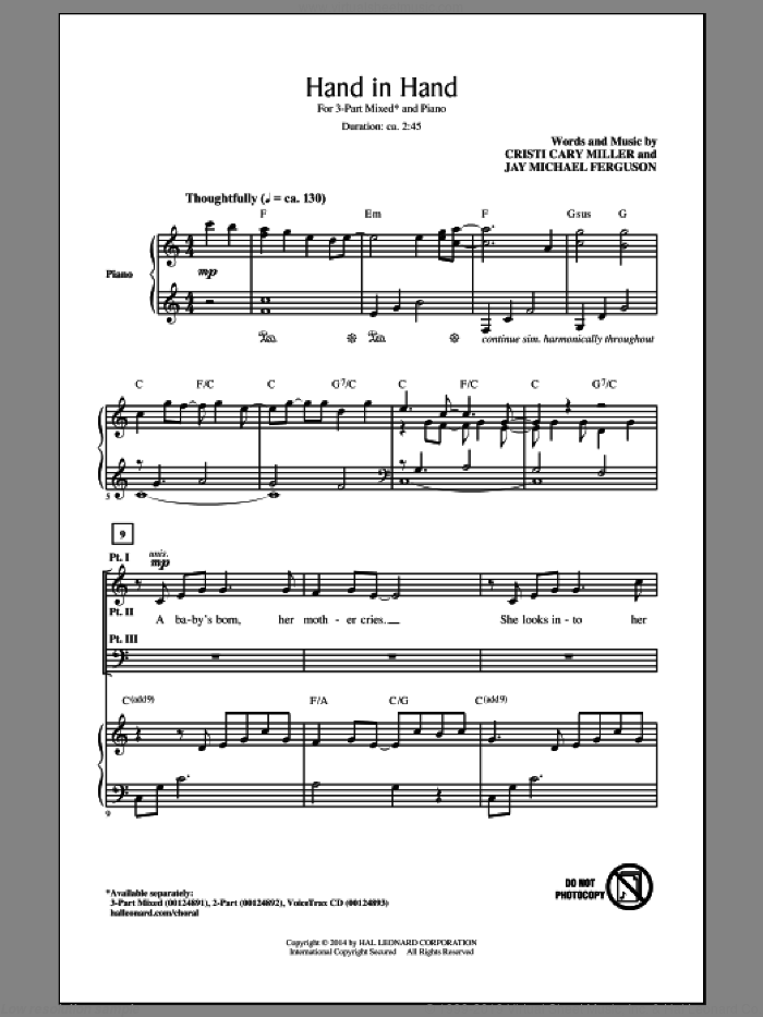Hand In Hand sheet music for choir (3-Part Mixed) by Cristi Cary Miller and Jay Michael Ferguson, intermediate skill level