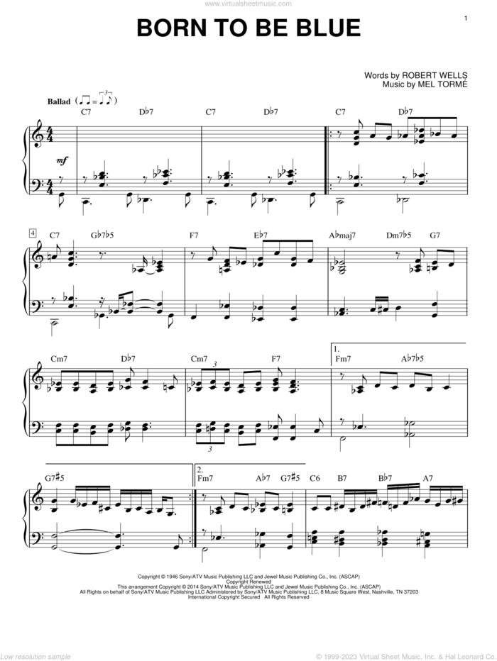 Born To Be Blue sheet music for piano solo by Mel Torme, intermediate skill level