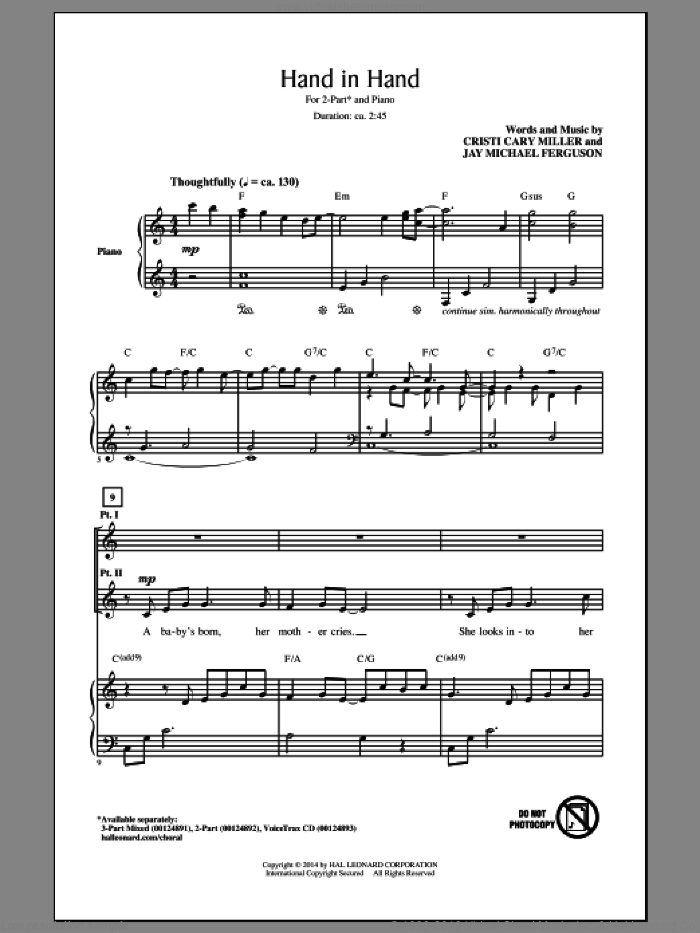 Hand In Hand sheet music for choir (2-Part) by Cristi Cary Miller and Jay Michael Ferguson, intermediate duet