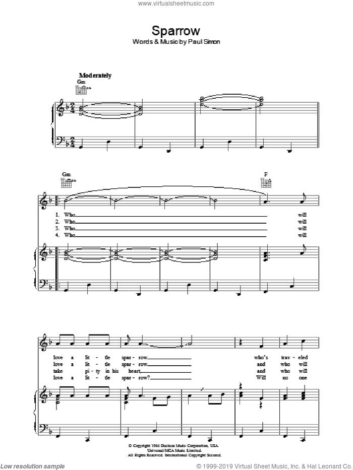 Sparrow sheet music for voice, piano or guitar by Simon & Garfunkel and Paul Simon, intermediate skill level
